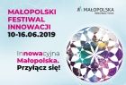 Grafika prezentująca layout tegorocznego Festiwalu z nazwą wydarzenia i hasłem: Innowacyjna Małopolska. Przyłącz się!