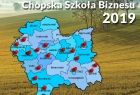 Grafika z mapą Małopolski oraz zaznaczonymi miejscami rozgrywek "Chłopskiej Szkoły Biznesu 2019"