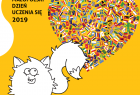 Grafika przedstawiająca super bohatera maskotkę Skilla z flagami różnych państw w kształcie serca. Napis na grafice: Małopolski Dzień Uczenia się 2019 oraz hasło: Ucz się języków przez całe życie!