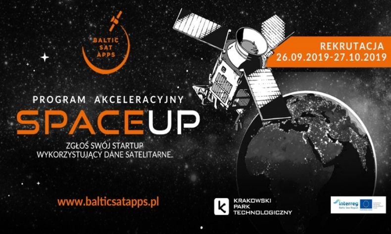 Plakat informacyjny SPACEUP przedstawiający kulę ziemską z satelitą okołoziemskim.