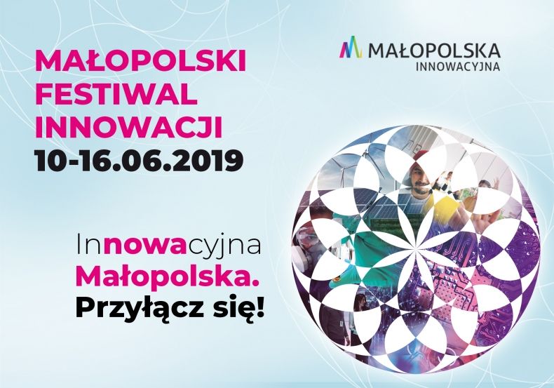 Grafika prezentująca layout tegorocznego Festiwalu z nazwą wydarzenia i hasłem: Innowacyjna Małopolska. Przyłącz się!