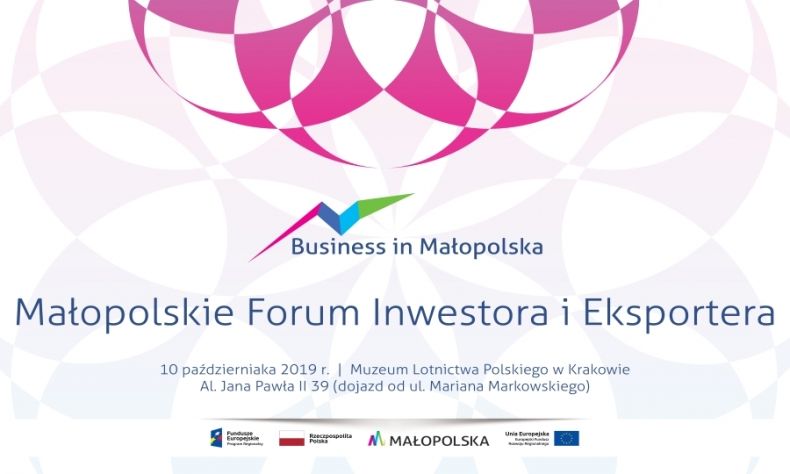 Na zdjęciu widać Plakat Małopolskiego Forum Inwestora z datą wydarzenia 10.10.2019 i miejscem wydarzenia: Muzeum Lotnictwa Polskiego w Krakowie