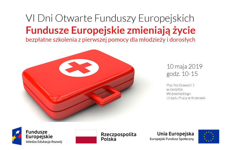 Baner przedstawiający czerwoną apteczkę do udzielania pierwszej pomocy z napisami: 6 Dni Otwarte Funduszy Europejskich, Fundusze Europejskie zmieniają życie, bezpłatne szkolenia z pierwszej pomocy dla młodzieży i dorosłych, 10 maja 2019 rokuw godzniach od