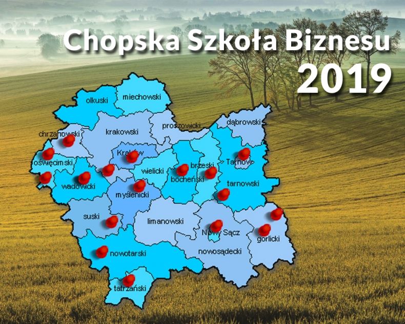 Grafika z mapą Małopolski oraz zaznaczonymi miejscami rozgrywek "Chłopskiej Szkoły Biznesu 2019"