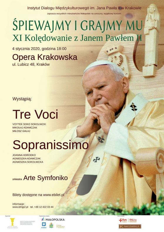 Plakat "Śpiewajmy i grajmy Mu! XI kolędowanie z Janem Pawłem II: Tre Voci i Sopranissimo"