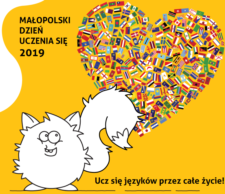 Grafika przedstawiająca super bohatera maskotkę Skilla z flagami różnych państw w kształcie serca. Napis na grafice: Małopolski Dzień Uczenia się 2019 oraz hasło: Ucz się języków przez całe życie!