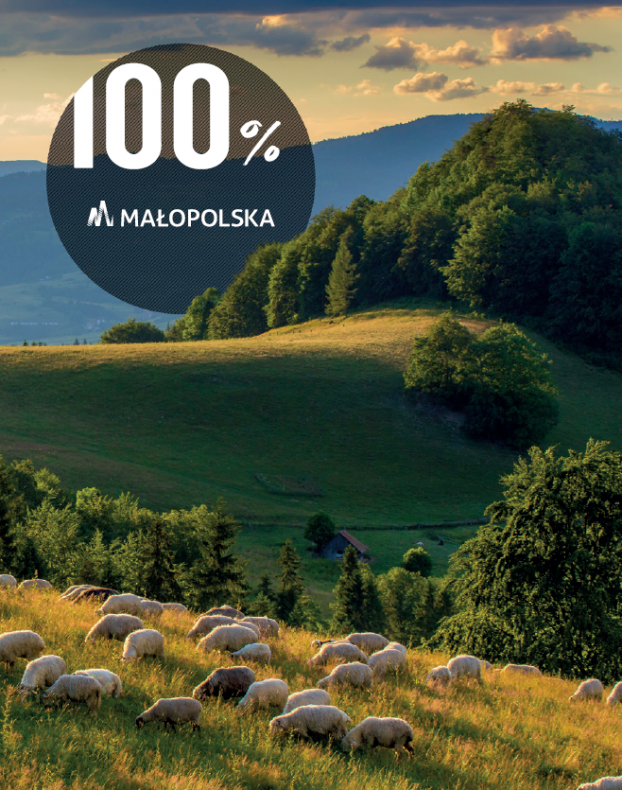 Okładka wydawnictwa. owce pasą się na halach, w tle góry i napis 100% Małopolska