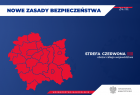 infografika z konturem Polski, w której wszystkie wojwództwa są zaznaczone na czerwono. U góry napis na białym tle nowe zasady bezpieczeństwa