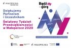 infografika:na białym tle niebiesko-czerwone litery MY, symbolizujące szczyty górskie. U góry napis: Bądźmy górą. Z lewej strony logo Małopolski i napis dziękujemy partnerom i uczestnikom Światowego Tygodnia Przedsiębiorczości 