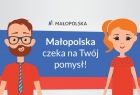 Grafika promocyjna Budżetu Obywatelskiego Województwa Małopolskiego, przedstawiająca mężczyznę, kobietę oraz napis Małopolska czeka na Twój pomysł