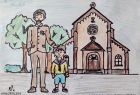 Pierwsza nagroda. Autor: Bartosz Jabłoński. Rysunek. Chłopiec wraz z ojcem przed kościołem w Wadowicach