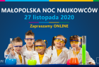 sylwetki dzieci na niebieskim tle, u góry biały napis Małopolska Noc Naukowców