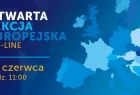 mapa Europy w tonacji niebieskiej z zaznaczoną na czerwono Małopolska z napisem otwarta lekcja europejska