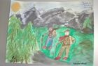 Druga nagroda. Autor: Natalie Meyer. Obrazek. Dwóch młodych ludzi na polanie w górach. W tle widok na Giewont zwieńczony krzyżem