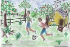 Wyróżnienie. Autor: Urszula Laura Kizimiszyn. Rysunek. Dwójka dzieci biegnąca za piłką. W tle dom i zielony sad