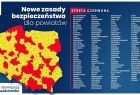 Grafika przedstawiająca mapę Polski z zaznaczonymi strefami żółtymi i czerwonymi