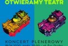 grafika wykonana metodą rysunku, w stylistyce pop art. rysunek podzielony na dwie części, po lewej stronie na niebieskim tle rysunek teatru w kolorze żółtym. po prawej stronie na zielonym tle fioletowy rysunek teatru. u góry hasło otwieramy teatr