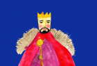 Na niebieskim tle namalowana postać króla który trzyma w ręku berło 
