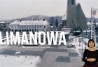 Widok na rynek i miasto, z podpisem Limanowa, w rogu obrazu postać tłumaczki na język migowy