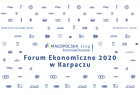 Grafika Forum Ekonomiczne 2020. Liczne punktowe logotypy i granatowy napis w centrum na białym tle