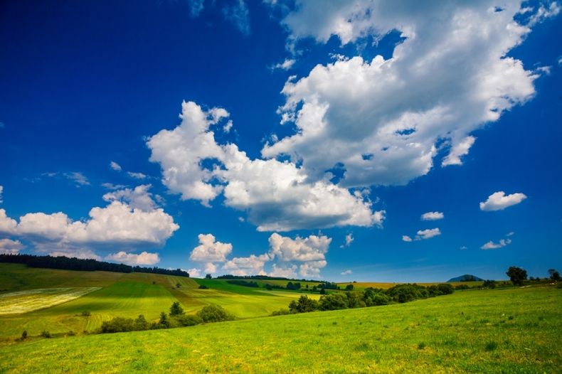 Widok na zieloną łąkę i błękitne niebo z białymi obłokami