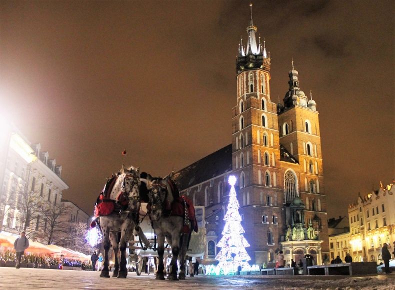 Zdjęcie przedstawia świąteczny Kraków nocą - w tle Kościół Mariacki i choinka