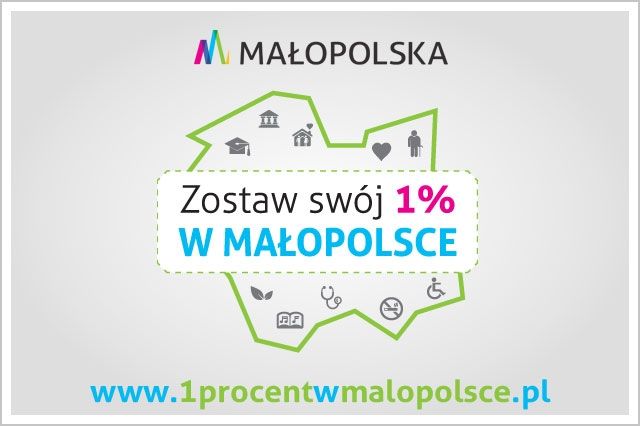 Zdjęcie przedstawia zarys Małopolski i napis: Zostaw swój jeden procent w Małopolsce