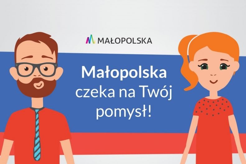 Grafika promocyjna Budżetu Obywatelskiego Województwa Małopolskiego, przedstawiająca mężczyznę, kobietę oraz napis Małopolska czeka na Twój pomysł