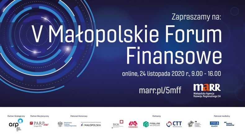Na granatowym tle napis: V Małopolskie Forum Finansowe.