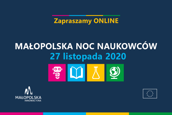 Grafika przedstawiająca zaproszenie na Małopolską Noc Naukowców. Tło granatowe. Napisy w kolorze białym, niebieskim i żółtym przedstawiają datę 27 listopada 2020 roku oraz organizatorów. Na grafice są symbole poszczegónych dziedzin nauki.