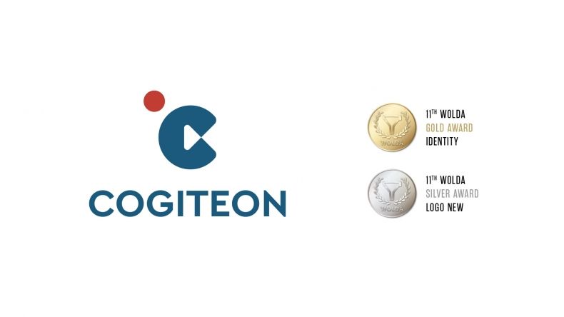 Z prawej wyróżnione logo Cogiteonu, z prawej wizerunki medali konkursu WOLDA