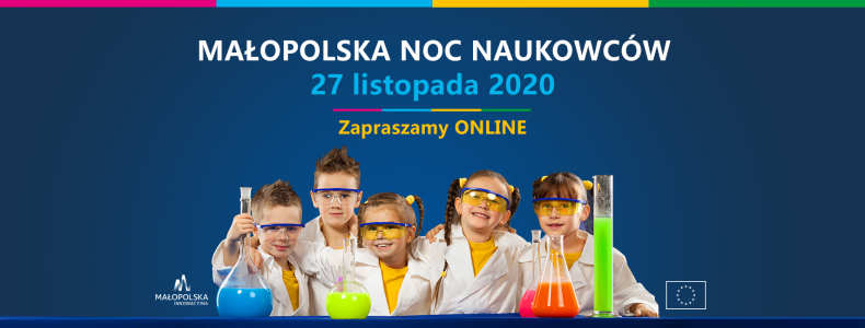 sylwetki dzieci na niebieskim tle, u góry biały napis Małopolska Noc Naukowców