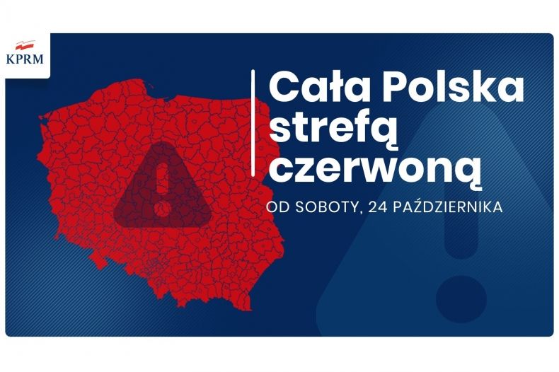 Grafika Kancelarii Premiera informująca o tym, że cała Polska jest objeta strefą czerwoną