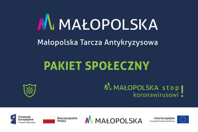 infografika: na granatowym tle białe i zielone napisy, Małopolska i Pakiet Społeczny