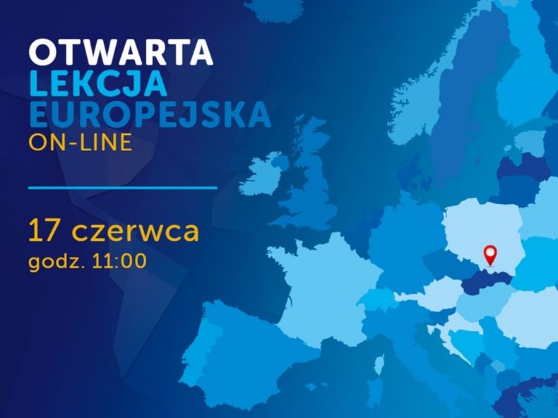 mapa Europy w tonacji niebieskiej z zaznaczoną czerwoną plamką Małopolską 