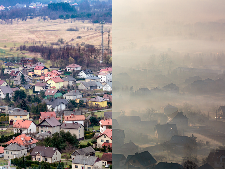 widok z góry na zabudowania, w połowie szerokości fotografii, przesłonięty przez smog