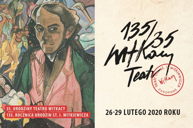 Grafika Urodzinowa Teatru Witkacego, portret Witkacego i logo 35. Urodzin