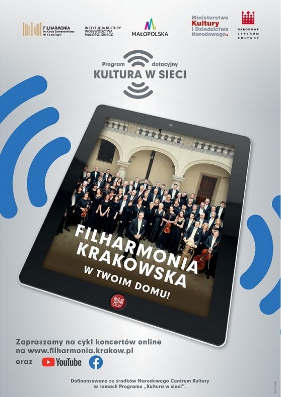 Plakat wydarzenia. Zdjęcie tabletu, na którym widnieje orkiestra filharmoniiorkiestra