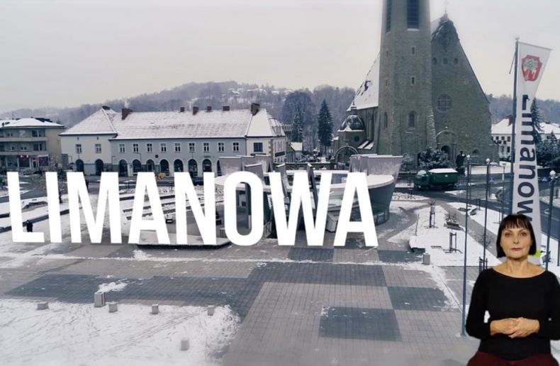 Widok na rynek i miasto, z podpisem Limanowa, w rogu obrazu postać tłumaczki na język migowy