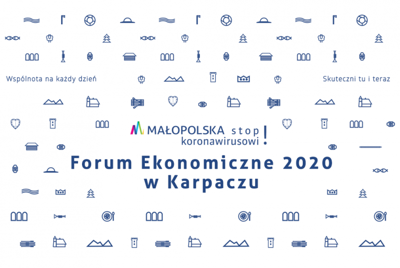 Grafika Forum Ekonomiczne 2020. Liczne punktowe logotypy i granatowy napis w centrum na białym tle