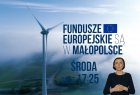 Grafika przedstawiająca wiatrak na tle zielonych pól oraz napis Fundusze Europejskie są w Małopolsce