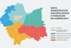 Mapa subregionów województwa małopolskiego: subregion Tarnowski, Sądecki, Podhalański, Małopolska Zachodnia, Krakowski Obszar Metropolitarny, Kraków