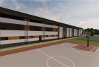 Wizualizacja - Boisko szkolne i dłuższa ściana budynku, wyraźnie widoczny ciemny dach i biało-brązowa elewacja