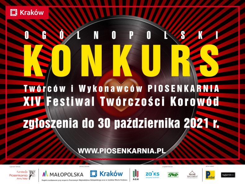 Kolorowa grafika informująca o OGÓLNOPOLSKI KONKURS TWÓRCÓW i WYKONAWCÓW “PIOSENKARNIA” w ramach 14.  FESTIWALU  TWÓRCZOŚCI  KOROWÓD  (w Krakowie). Zgłoszenia do 30 października.