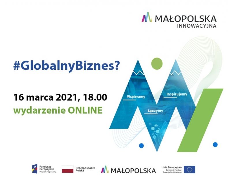 Grafika. Plansza spotkania online #GlobalnyBiznes? informująca, że odbędzie się ono 16 marca o godz. 18 