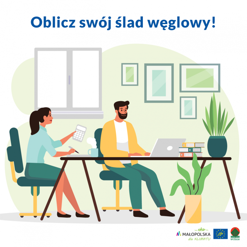 Infografika do akcji Wyzwanie dla klimatu, para siedząca i dyskutująca przy stole i hasło "Oblicz swój ślad węglowy".