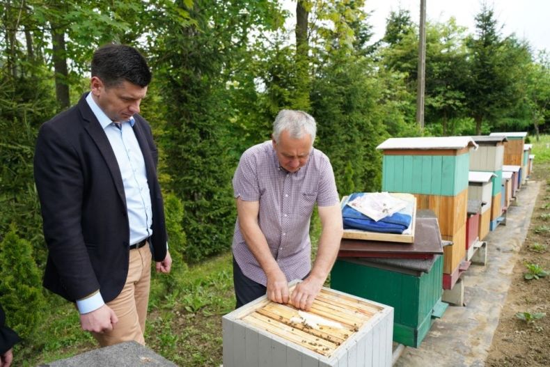 Wicemarszałek Łukasz Smółka razem z pszczelarzem oglądają ule. W tle zieleń.