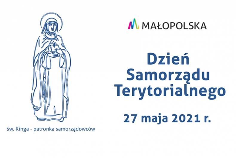 Zarys postaci Świętej Kingi. Logo Małopolska oraz napis Dzień Samorządu Terytorialnego