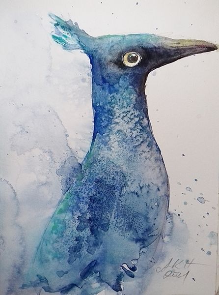 Akwarela przedstawiająca niebieskiego,bajkowego ptaka autorstwa Agnieszki Kutylak - Hapanowicz