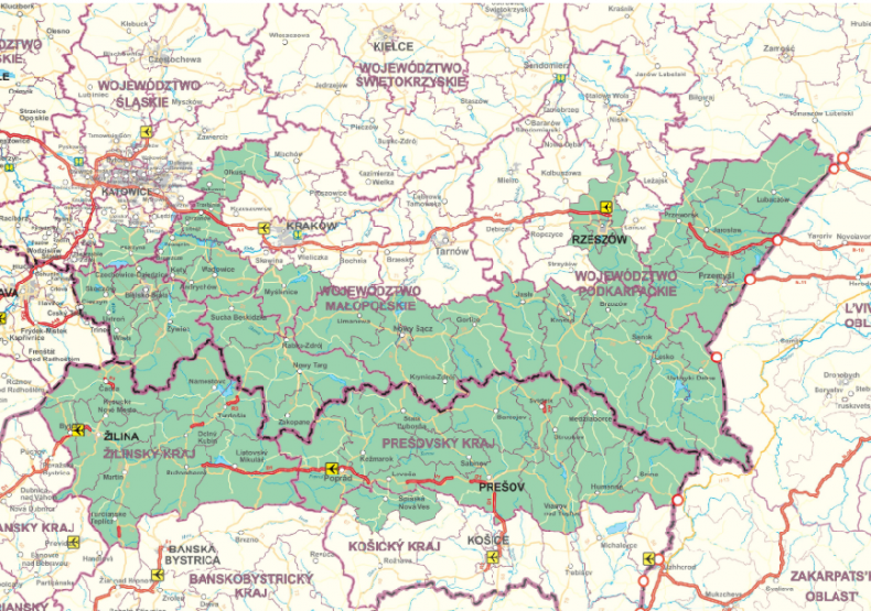 Mapa programu współpracy transgranicznej Interreg Polska-Słowacja 2021-2027.